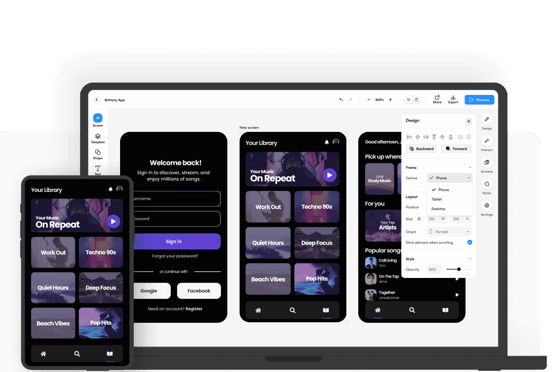 mobile app and a website design with uizard