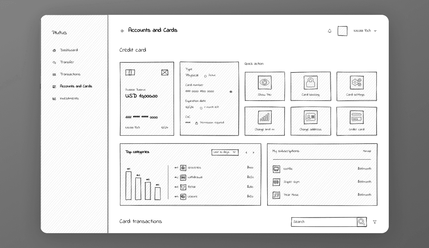 online banking web app wireframe transactions screen low fi screen
