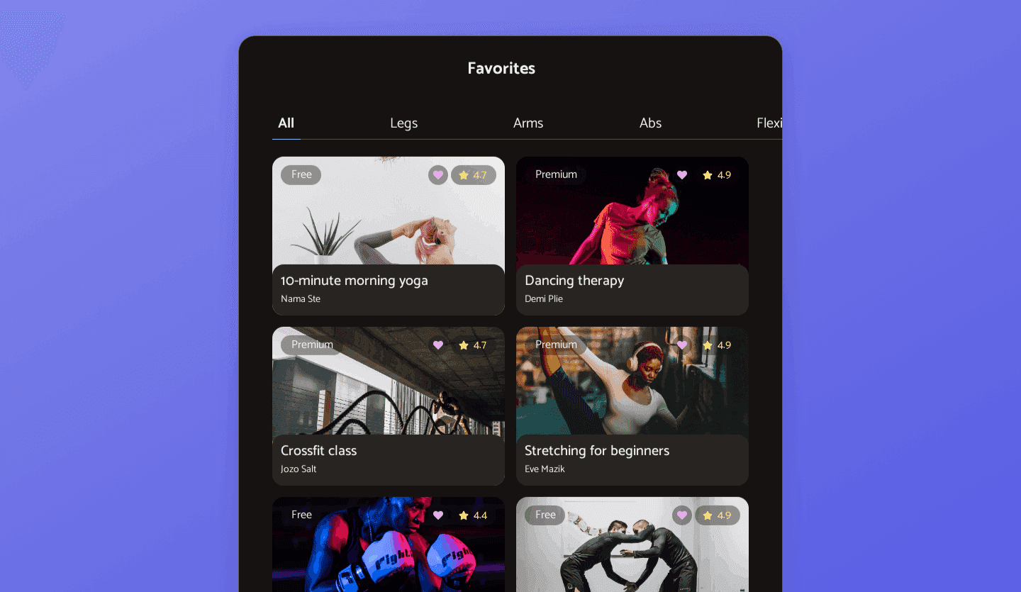 fitness tablet app design template favorites screen