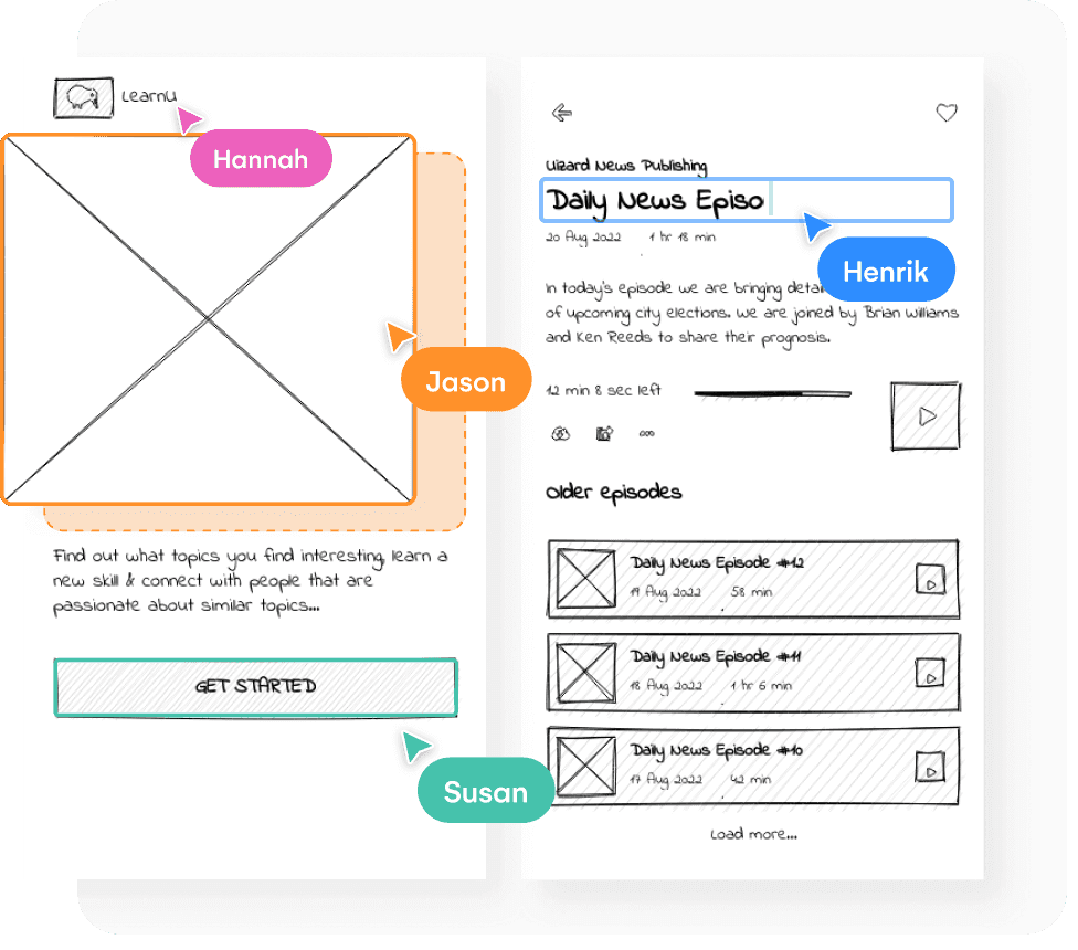 users collaboratively designing a mobile app wireframe in uizard