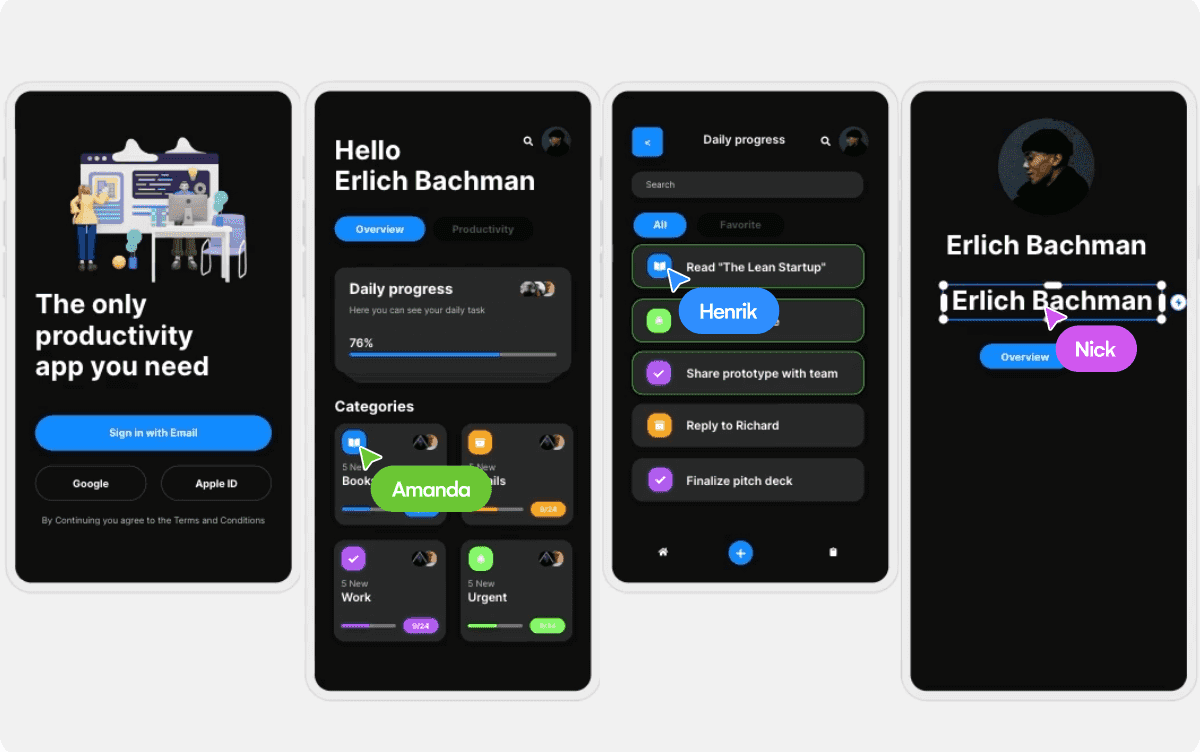 Overview of multiple screens designed in Uizard, two for a mobile app and one for a website.