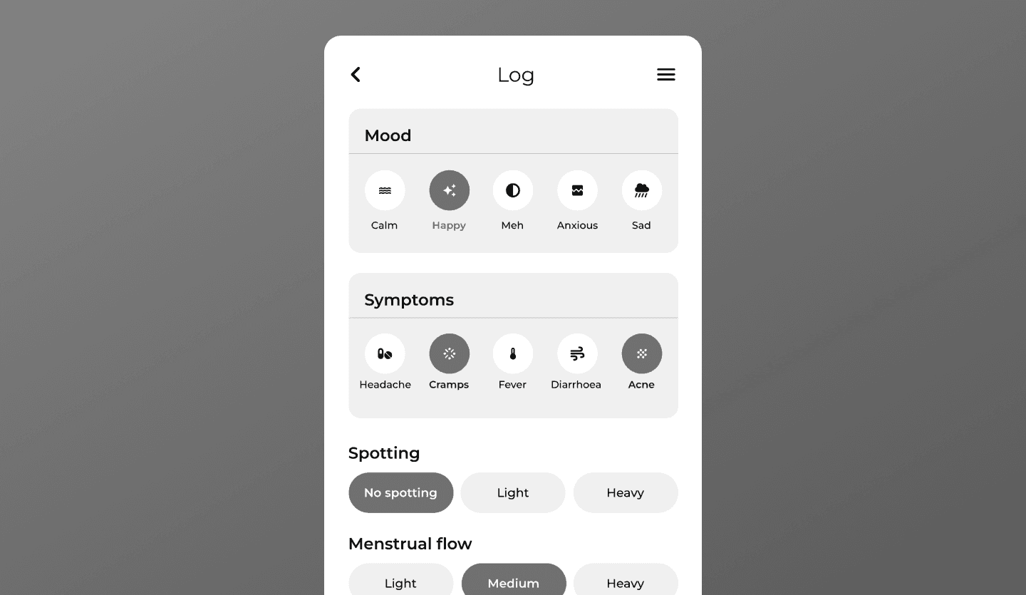 tracking app wireframe design log page
