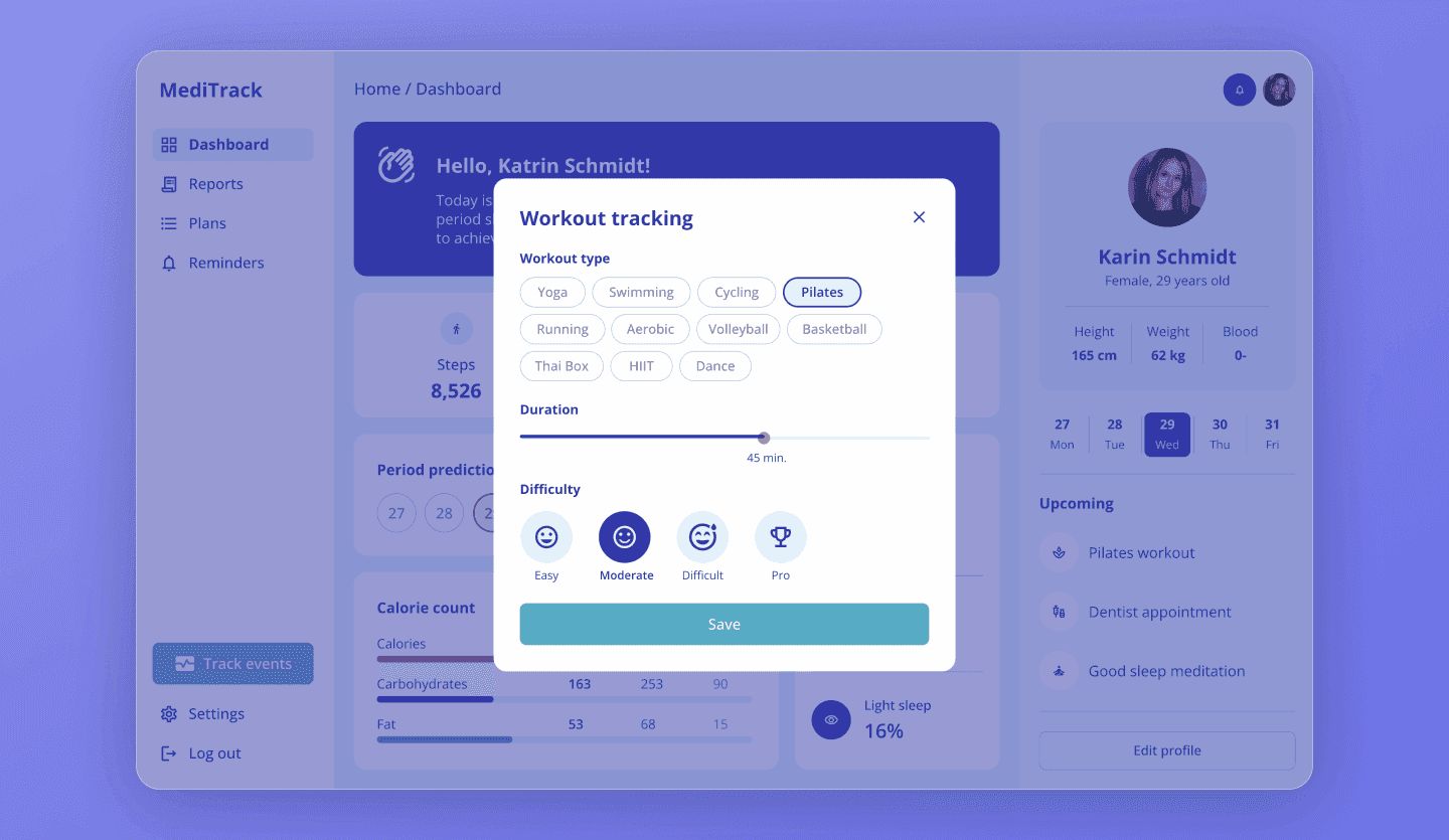 Medical dashboard web app template tracking screen